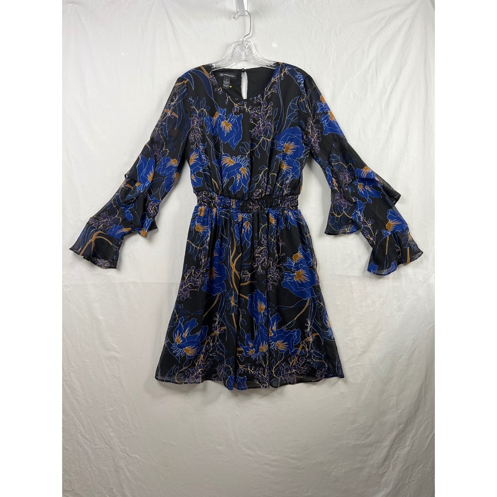 INC International Concepts Mini Dress Women S Black Blue Floral Smocked Ruffle